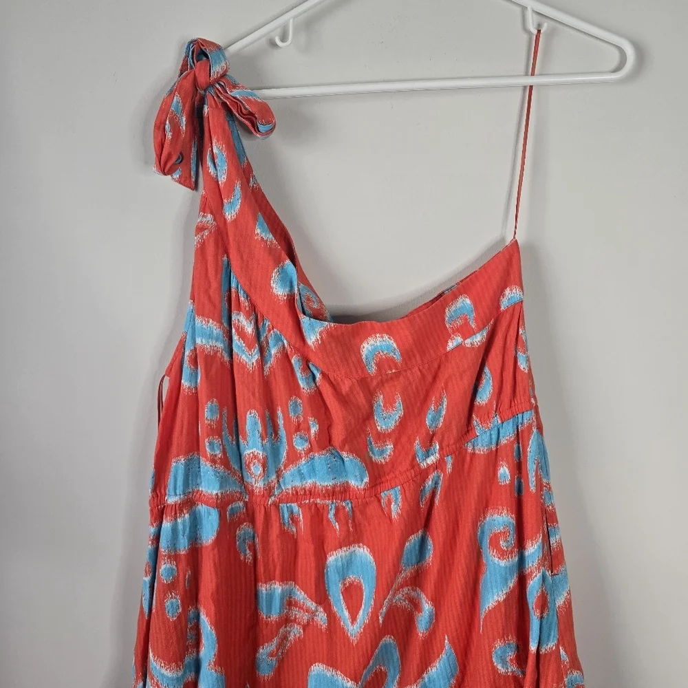 NWT Crown & Ivy One Shoulder Tie Maxi Sundress XL Orange Blue Ikat Print Pockets